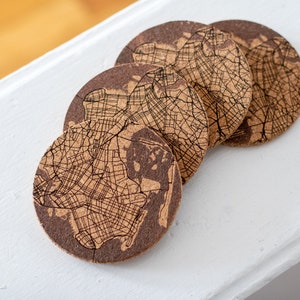 Personalized Map Cork Coasters Engraved Street & City Map, Set of 4, Custom Coaster Gift image 1