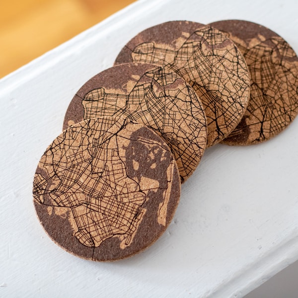 Personalized Map Cork Coasters - Engraved Street & City Map, Set of 4, Custom Coaster Gift