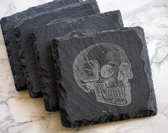 Skull Slate Coasters / Juego de posavasos de estilo vintage (paquete de 4)