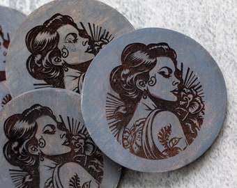 Set of 4 Woodcut-Style Tattooed Woman Coasters - Hand-Engraved, Gray/Blue Stained Wooden Drink Coasters