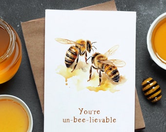 Buzzworthy Appreciation: 'You're Un-Bee-lievable' Watercolor Bees Greeting Card