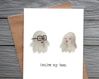 You're My Boo Watercolor Card - Spooky Love Greeting for Couples, Anniversary, Birthday, All Occasion