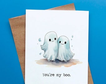 You're My Boo Watercolor Card - Spooky Love Greeting for Couples, Anniversary, Birthday, All Occasion