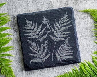 Farn gravierte Schiefer Untersetzer - Botanisches Design, Naturstein Untersetzer, 4er Set