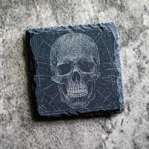 Skull Slate Coasters | Vintage Style Coasters Set (4 pack) Gothic Sugar Skull Slate Coaster Set for Halloween Home Decor