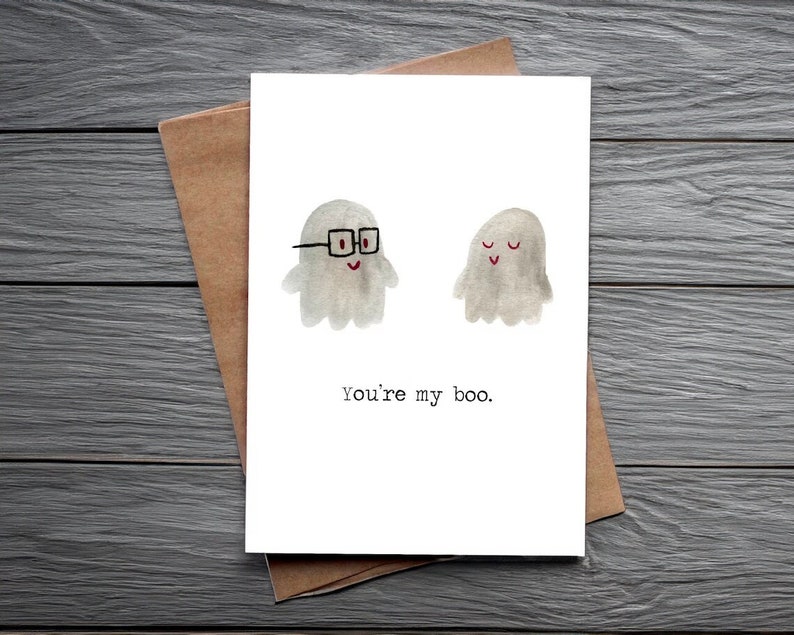 You're My Boo Watercolor Card Spooky Love Greeting for Couples, Anniversary, Birthday, All Occasion image 1