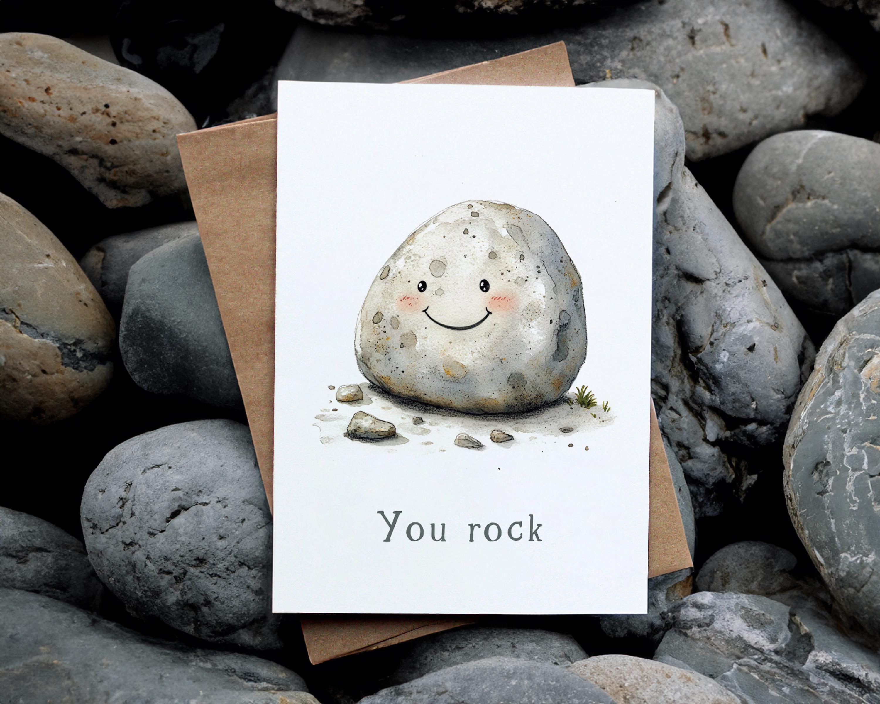 You Rock Greeting Card - Cute Watercolor Smiling Rock, Appreciation ...