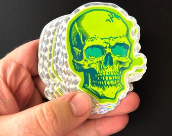 Holographic Grunge Green Skull Sticker - Edgy Vinyl Decal with Holographic Border