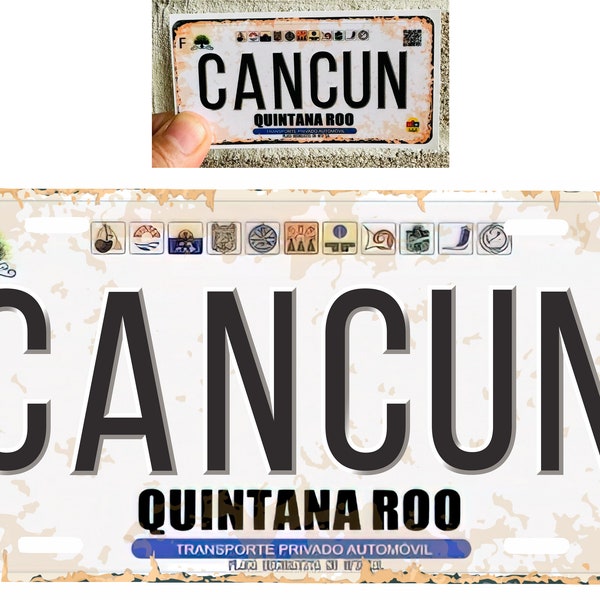 Set Cancun Quintana Roo Mexico Aluminum License Plate Sign Placa 6" x 12" and Sticker Decal 2"x 4" Distressed Weathered Look