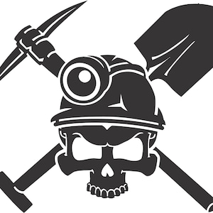 May include: Black and white illustration of a skull wearing a miner's helmet with a headlamp. The skull is crossed with a pickaxe and a shovel.