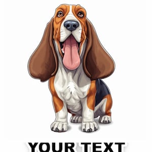 Peut inclure: Illustration de dessin animé d'un chien basset brun et blanc avec des marques noires. Le chien est assis, la langue tirée et regarde vers le haut. Le texte "YOUR TEXT" est sous le chien.