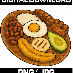 May include: A colorful illustration of a traditional Colombian dish called "Bandeja Paisa". The dish includes rice, beans, fried egg, avocado, plantain, arepa, chorizo, and chicharrón.