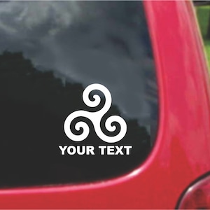 Set (2 Pieces) Triskel Triskelion Celtic Symbol Sticker Decals with custom text 20 Colors To Choose From.  U.S.A Free Shipping