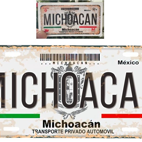 Set Michoacan Mexico Aluminum License Plate Sign Placa 6" x 12" and Sticker Decal 2"x 4" Distressed Weathered Look