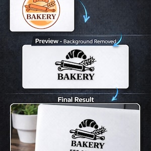 May include: A white rectangle with a bakery logo, featuring a croissant, rolling pin, and wheat. The text "BAKERY" is below the graphic, with a phone number. The image shows the logo design process.