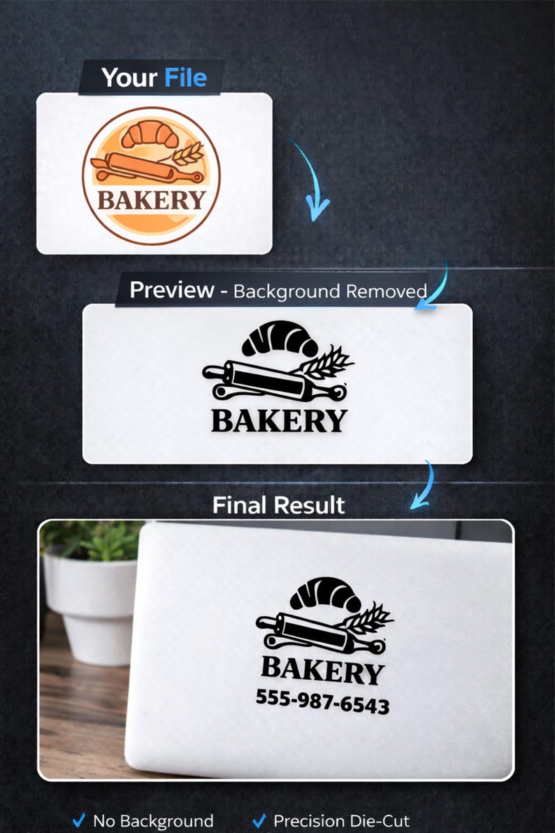 May include: A white rectangle with a bakery logo, featuring a croissant, rolling pin, and wheat. The text "BAKERY" is below the graphic, with a phone number. The image shows the logo design process.