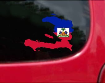 2 Pieces Haiti Outline Map Flag Vinyl Decals Stickers Full Color/Weather Proof. U.S.A Free Shipping