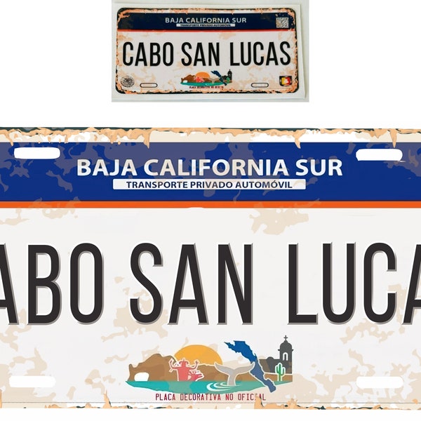 Set Cabo San Lucas Baja California Sur Mexico Aluminum License Plate Sign Placa 6" x 12" and Sticker Decal 2"x 4" Distressed Weathered Look