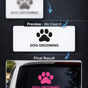 May include: A graphic showing the process of creating a dog grooming decal. The steps include "Your File," "Preview - We Clean It," and "Final Result." The final result shows a pink paw print and the words "DOG GROOMING" on a car window.