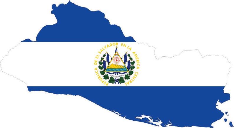 May include: A map of El Salvador in blue and white, with the country's flag design. The flag features a central emblem with text and a mountain scene, framed by a wreath. The flag's colors are blue and white.