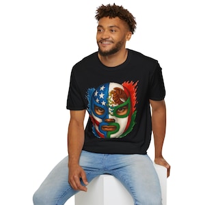 Luchador Mask / Wrestler Mask USA-Mexico Flag Fusion T-Shirt | Bold Patriotic Design