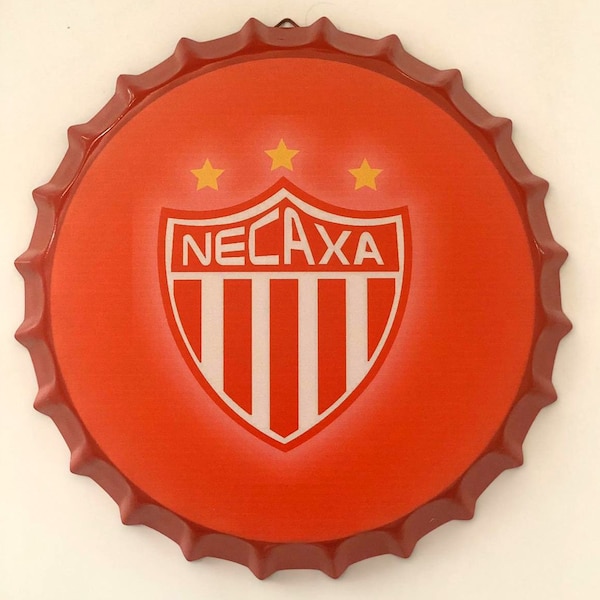 Necaxa Rayos Decorative Bottle Cap Metal Tin Sign 13.8" Inches Diameter Wall Art Plaque  Home Decor - Bonus 1 Sticker Decal 3" Tall