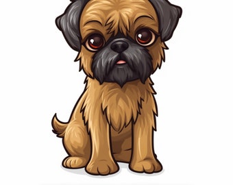 Peut inclure: Illustration de dessin animé d'un chien griffon bruxellois brun et noir assis avec la langue tirée. Le chien a un pelage brun et moelleux et des oreilles noires. Le fond est blanc.