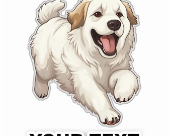 May include: A white and tan cartoon puppy with a fluffy coat is running and smiling. The puppy has a black nose and brown eyes. The text "YOUR TEXT" is below the puppy.
