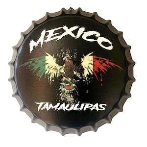 Tamaulipas Mexico Eagle Flag Bottle Cap Metal Tin Sign 13.8 Inches Diameter Wall Art Plaque  Home Decor - Bonus 1 Sticker Decal 3&quot; Tall