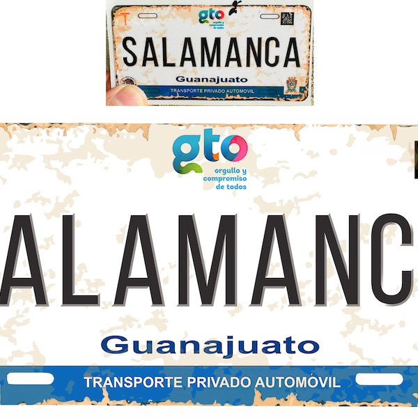 Set Salamanca Guanajuato Mexico Aluminum License Plate Sign Placa 6" x 12" and Sticker Decal 2"x 4" Distressed Weathered Look