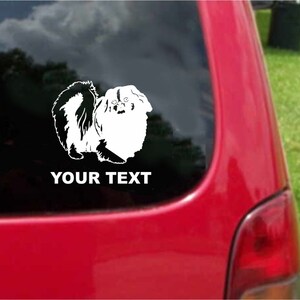 Set (2 Pieces) Pekingese Dog Sticker Decals with custom text 20 Colors To Choose From.  U.S.A Free Shipping