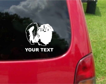 Set (2 Pieces) Pekingese Dog Sticker Decals with custom text 20 Colors To Choose From.  U.S.A Free Shipping
