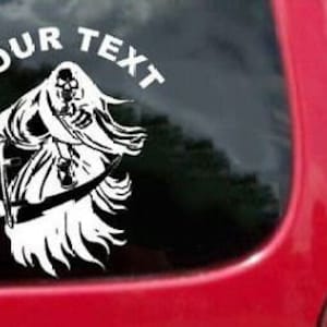 Set (2 Pieces) Holy Death Santisima Muerte Sticker Decals with custom text 20 Colors To Choose From.  U.S.A Free Shipping