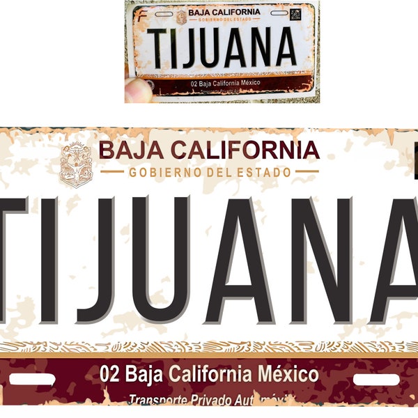 Set Tijuana Baja California Mexico Aluminum License Plate Sign Placa 6" x 12" and Sticker Decal 2"x 4" Distressed Weathered Look