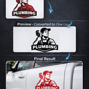 May include: The image shows a plumbing logo design in three stages: original, converted to one color, and applied to a white truck. The logo features a plumber with a wrench, the word "PLUMBING", and a phone number. The design is available as single-color vinyl with a clean die-cut finish.