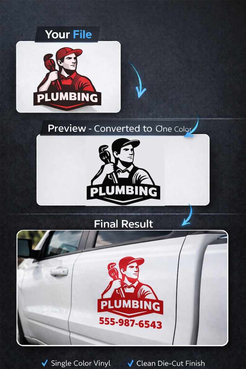 May include: The image shows a plumbing logo design in three stages: original, converted to one color, and applied to a white truck. The logo features a plumber with a wrench, the word "PLUMBING", and a phone number. The design is available as single-color vinyl with a clean die-cut finish.