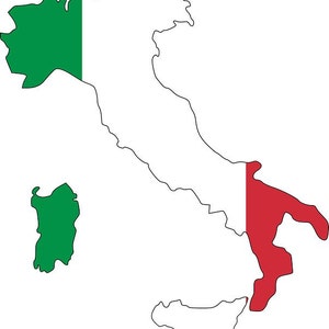 May include: A map of Italy with the Italian flag colors superimposed on the outline of the country. The green color is on the top left, the white color is in the middle, and the red color is on the bottom right.