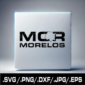 Puede incluir: Diseño gráfico en blanco y negro de las letras "MCR" con una silueta del estado de Morelos, México, dentro de la "C". El texto "MORELOS" está debajo de las letras. El diseño está sobre un fondo blanco.