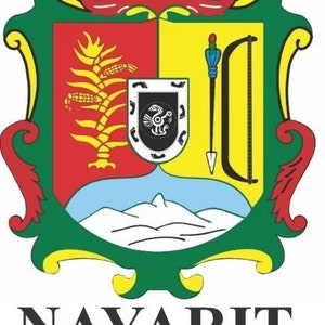Może przedstawiać: Herb stanu meksykańskiego Nayarit przedstawia zieloną tarczę z czerwoną i żółtą sekcją po lewej stronie i żółtą sekcją po prawej. Sekcja lewa przedstawia żółtą roślinę na czerwonym tle. Sekcja prawa przedstawia czarno-białą tarczę z ptakiem w środku i łukiem ze strzałą. Dolna część tarczy przedstawia błękitny i biały pasmo górskie. Słowo "NAYARIT" jest napisane czarnym kolorem pod tarczą.