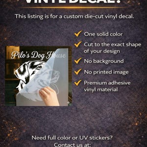 May include: Image promoting custom die-cut vinyl decals. Text reads "What is a die-cut vinyl decal?" and lists features like one solid color, cut to shape, no background, and premium adhesive vinyl. Includes a dog graphic.