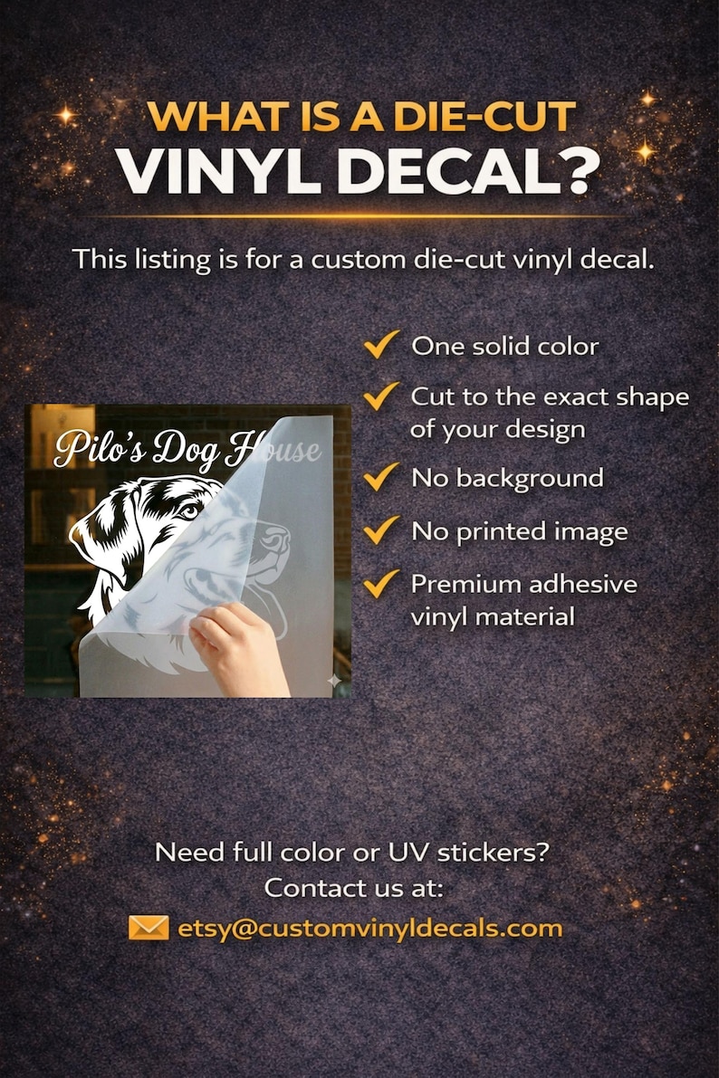 May include: Image promoting custom die-cut vinyl decals. Text reads "What is a die-cut vinyl decal?" and lists features like one solid color, cut to shape, no background, and premium adhesive vinyl. Includes a dog graphic.
