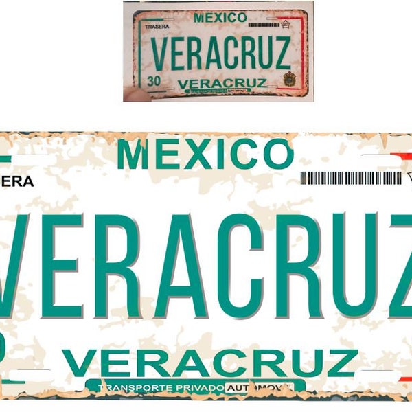 Set Veracruz Mexico Aluminum License Plate Sign Placa 6" x 12" and Sticker Decal 2"x 4" Distressed Weathered Look