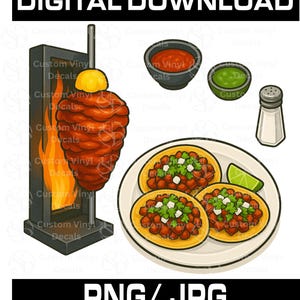 Tacos al Pastor Trompo Art - Ilustração de comida de rua mexicana com salsa | Download digital PNG JPG Instant Wall Ar