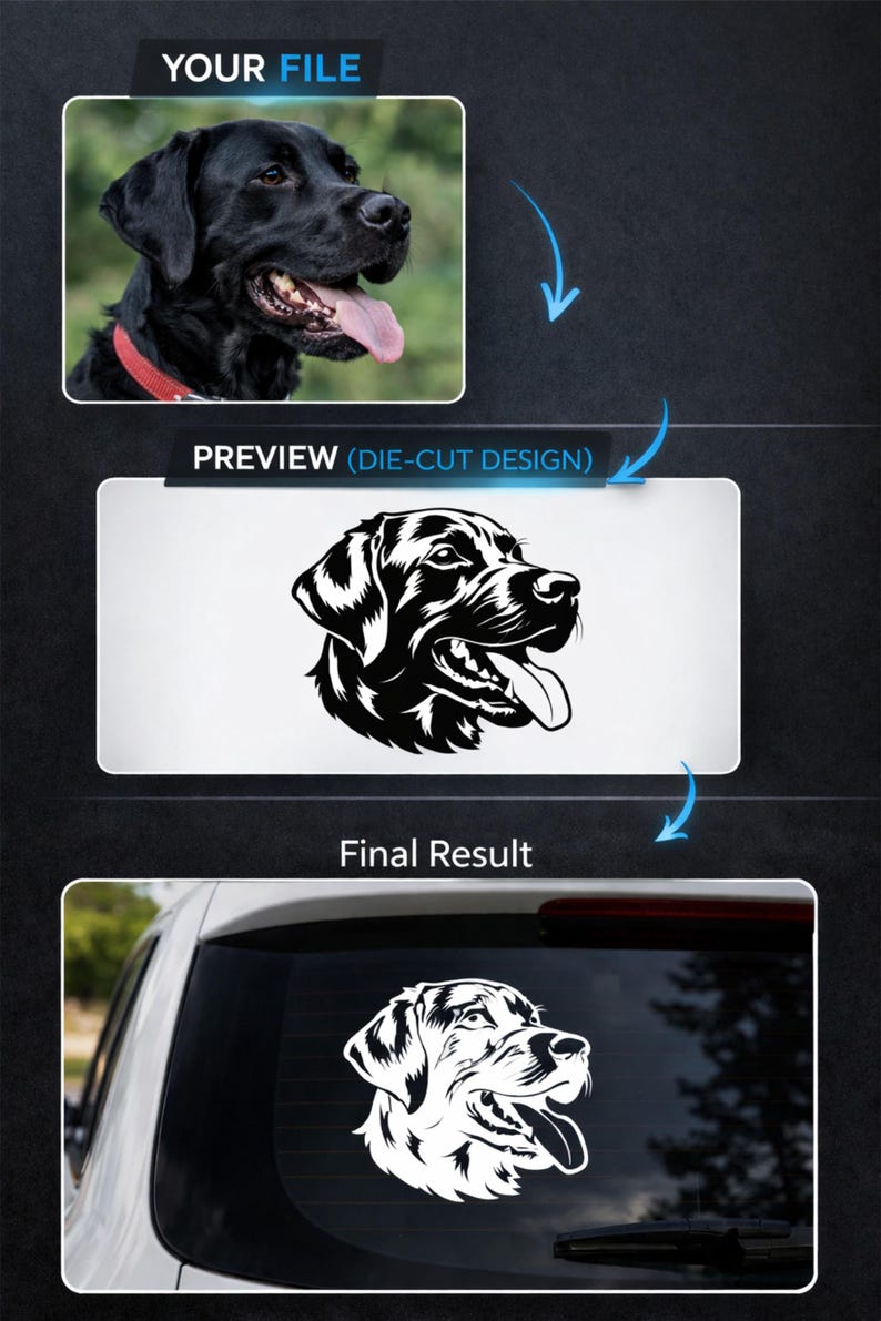 May include: Image showing the process of creating a die-cut sticker. The first image is a photo of a black Labrador Retriever. The second image is a black and white die-cut design of the dog. The final image shows the sticker applied to a car window.