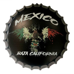Baja California Mexico Eagle Flag Bottle Cap Metal Tin Sign 13.8 Inches Diameter Wall Art Plaque  Home Decor - Bonus 1 Sticker Decal 3&quot; Tall