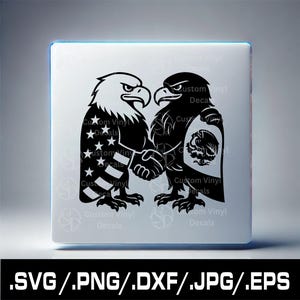 Könnte beinhalten: Schwarz-weiße Silhouette von zwei Weißkopfseeadlern, die sich die Hände schütteln. Der Adler links hat ein US-Flaggenmuster auf seiner Brust. Der Adler rechts hat einen Schild mit einem stilisierten Adler auf seiner Brust.