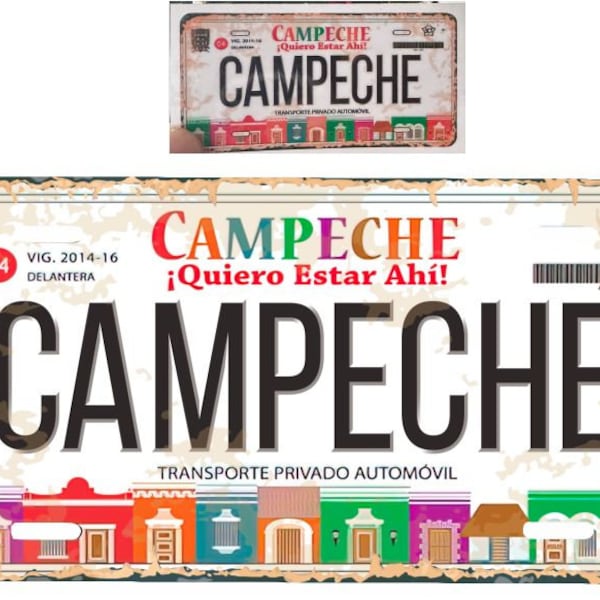 Set Campeche Mexico Aluminum License Plate Sign Placa 6" x 12" and Sticker Decal 2"x 4" Distressed Weathered Look