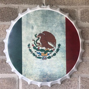 Mexico Bandera Flag  Decorative Bottle Cap Metal Tin Sign 13.8&quot; Inches Diameter Wall Art Plaque  Home Decor - Bonus 1 Sticker Decal 3&quot; Tall