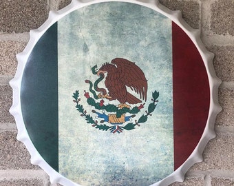 Mexico Flag Metal Bottle Cap Sign – 13.8" Wall Art Decor