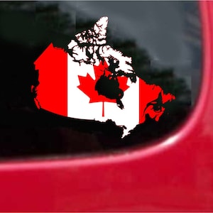 May include: A black and white outline of Canada with the Canadian flag superimposed over it. The flag is red and white with a red maple leaf in the centre.